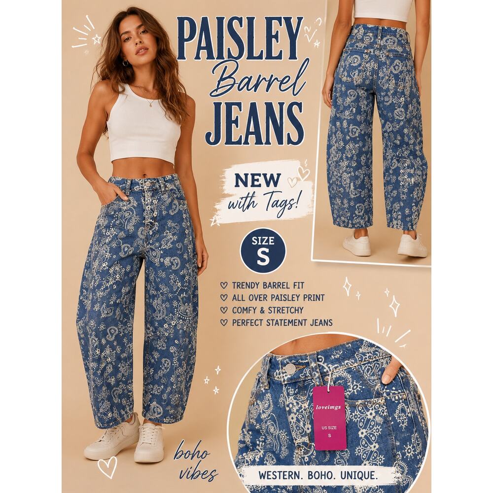 Paisley Print Barrel Jeans Wide Leg Denim Pants Boho Western S NWT